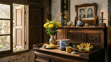 Hình ảnh gia chủ chuẩn bị mâm lễ và đọc văn khấn rút tỉa chân nhang trước khi lau dọn bàn thờ gia tiên dịp cuối năm
