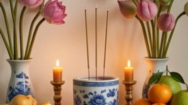 Gia chủ đang thực hiện nghi thức và đọc văn khấn rút tỉa chân nhang trước bàn thờ gia tiên được lau dọn trang nghiêm