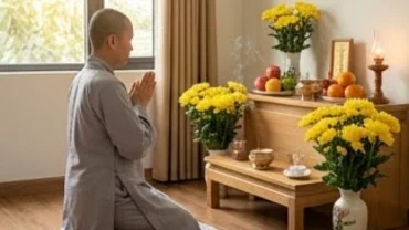 Mâm lễ chay và người Phật tử đang chắp tay quỳ đọc văn khấn sám hối oan gia trái chủ trước ban thờ tại nhà
