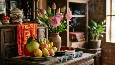 Mâm lễ chay thanh tịnh gồm trái cây và hoa tươi dâng lên bàn thờ trong nghi thức đọc văn khấn sám hối tại nhà
