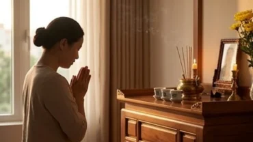 Gia chủ chắp tay thành tâm đọc văn khấn sám hối với gia tiên trước bàn thờ thanh tịnh