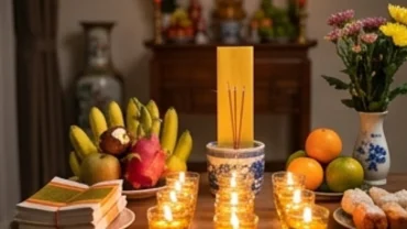 Mâm lễ trang nghiêm để đọc văn khấn sao La Hầu với bài vị vàng và 9 ngọn nến