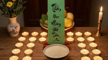 Người hành lễ đọc văn khấn sao Mộc Đức trước mâm cúng trang nghiêm với 20 ngọn nến sáng và bài vị xanh