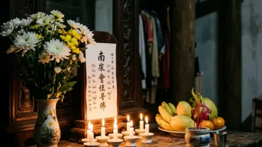 Mâm lễ cúng dâng sao giải hạn với bài vị màu trắng chuẩn bị đọc văn khấn sao thái bạch tại nhà