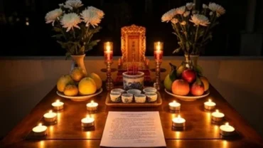 Mâm lễ vật màu trắng và sơ đồ 8 ngọn nến được chuẩn bị trang nghiêm để đọc văn khấn sao Thái Bạch