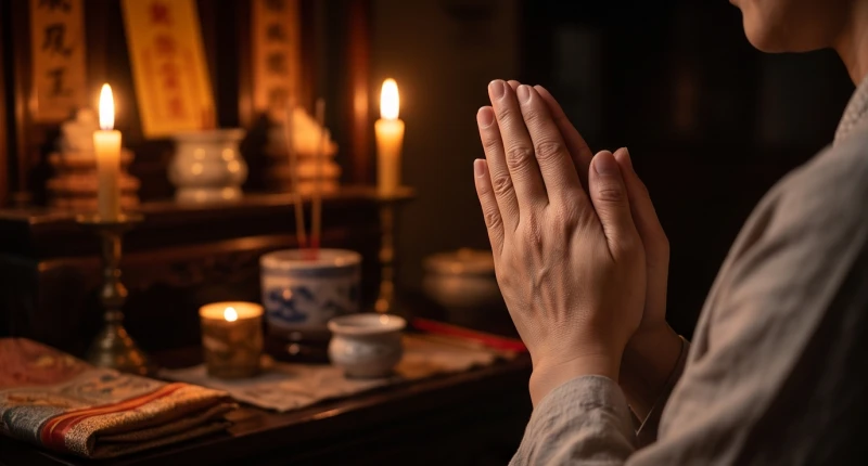 Bàn tay chắp lại thành kính cầu nguyện trước bàn thờ trong ánh nến ấm áp lung linh