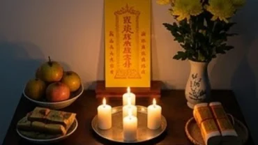Mâm cúng giải hạn và bài văn khấn sao Thổ Tú được chuẩn bị đầy đủ với 5 ngọn nến và lễ vật màu vàng