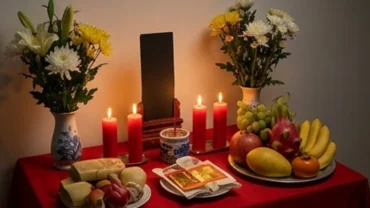 Mâm cúng sao Thủy Diệu giải hạn với bài vị màu đen, nến sáng và lễ vật tươm tất