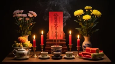 Mâm lễ vật cúng sao và văn khấn sao Vân Hán được chuẩn bị trang nghiêm với nến đỏ và hương trầm