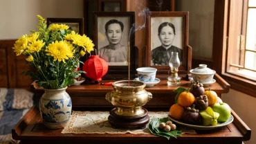 Mâm lễ cúng ấm áp bên bài văn khấn sau khi bao sái bàn thờ xong đặt trang nghiêm trên ban thờ gia tiên chuẩn Việt