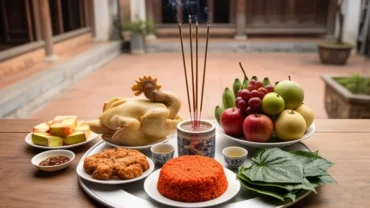 Mâm lễ vật cúng sửa mái nhà đầy đủ xôi gà, hoa quả và trầu cau đặt trang trọng trước ngôi nhà đang thi công