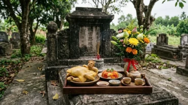 Mâm lễ vật truyền thống đặt trang nghiêm trước phần mộ cùng nghi thức đọc văn khấn sửa mộ chuẩn phong thủy