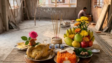 Mâm lễ vật truyền thống chuẩn bị cho lễ đọc văn khấn sửa nhà tại Việt Nam với gà luộc ngũ quả và hương nhang