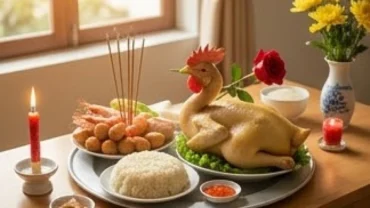 Mâm lễ vật truyền thống chuẩn bị cho nghi thức đọc văn khấn sửa nhà cầu bình an