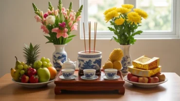 Mâm lễ cúng tạ đất khi bán nhà với đầy đủ hương hoa, ngũ quả và đồ mã chuẩn phong thủy