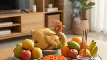 Mâm lễ vật và văn khấn tạ đất sau nhập trạch được bày trí trang trọng tại phòng khách nhà mới