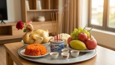 Mâm lễ cúng tạ đất trang nghiêm chuẩn bị cho nghi thức đọc văn khấn tạ đất sau xây dựng