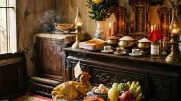 Mâm cúng truyền thống tươm tất dùng trong nghi thức đọc văn khấn tạ lễ cuối năm tại gia đình Việt Nam