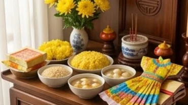 Mâm lễ vật tươm tất dâng lên tạ ơn Bà Bổn Mạng với hoa tươi, xôi chè và văn khấn tạ lễ Bà Bổn Mạng
