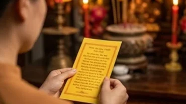 Mâm lễ vật tươm tất dâng lên cùng bài văn khấn tạ lễ Bà Cậu với hoa tươi, oản đỏ và hương đang cháy