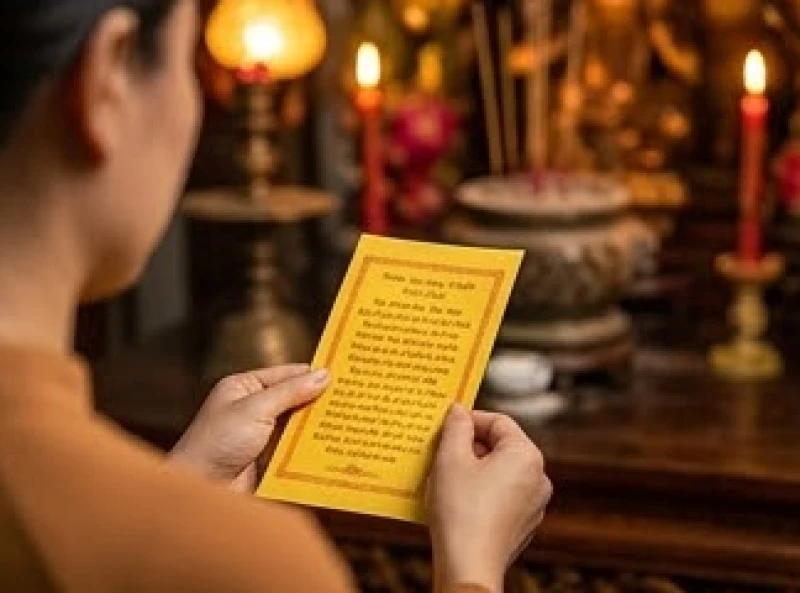Văn khấn tạ lễ Bà Cậu: Cách sắm mâm cúng và bài cúng trả lễ 8 Người đi lễ cầm tờ văn khấn tạ lễ Bà Cậu in trên giấy vàng, đứng chắp tay trang nghiêm trước án thờ