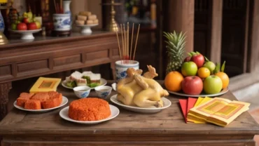 Mâm lễ vật truyền thống dâng ban Đức Ông tại chùa để làm thủ tục đọc văn khấn tạ lễ bán khoán chuộc con