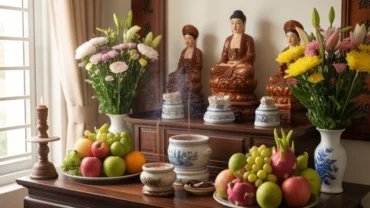 Mâm cúng và không gian trang nghiêm khi đọc văn khấn tạ lễ điện thờ tại gia
