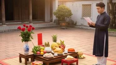 Gia chủ đọc văn khấn tạ lễ Tam Tai cuối năm trước mâm cúng ngoài trời tươm tất với hoa tươi, bộ tam sinh và bài vị
