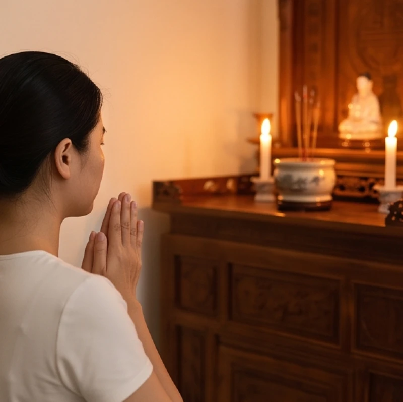 Cháy bát hương là điềm gì: Giải mã hóa âm hóa dương và bài khấn 9 Người phụ nữ chắp tay thành kính đọc văn khấn tạ lỗi trước bàn thờ gia tiên sau sự cố cháy
