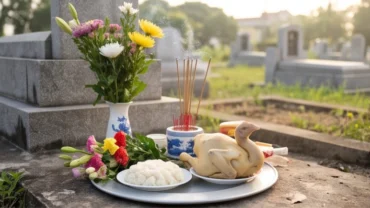 Mâm lễ vật trang nghiêm trong nghi thức đọc văn khấn tạ long mạch ngoài mộ để tạ ơn Tôn thần