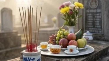 Mâm lễ vật tạ ơn và thắp hương trong nghi thức đọc văn khấn tạ mộ gia tiên ngoài nghĩa trang