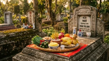 Mâm lễ vật truyền thống trang nghiêm phục vụ cho nghi thức đọc văn khấn tạ mộ cuối năm tại nghĩa trang gia đình