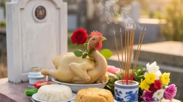 Mâm lễ vật và hương nhang chuẩn bị cho nghi thức đọc văn khấn tạ mộ cuối năm tại nghĩa trang