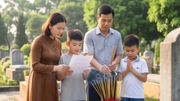 Gia đình chuẩn bị mâm lễ vật tươm tất và đọc bài văn khấn tạ mộ đầu năm trước phần mộ tổ tiên