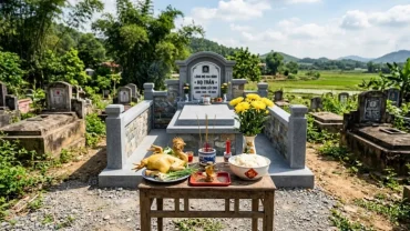 Mâm lễ cúng truyền thống được bày biện trang trọng để đọc văn khấn tạ mộ mới xây xong theo đúng phong tục Việt Nam