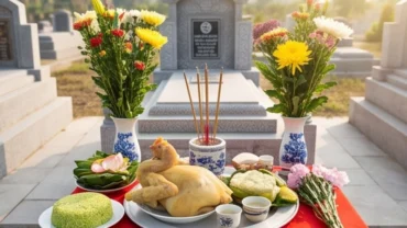 Mâm lễ vật tươm tất dâng lên trong nghi lễ đọc văn khấn tạ mộ mới xây xong