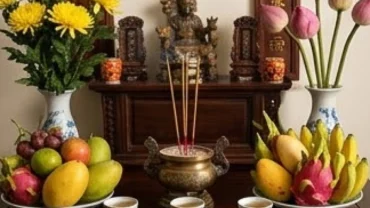 Mâm lễ vật trang nghiêm được bày biện chuẩn bị cho nghi thức đọc văn khấn tạ ơn gia tiên tại nhà