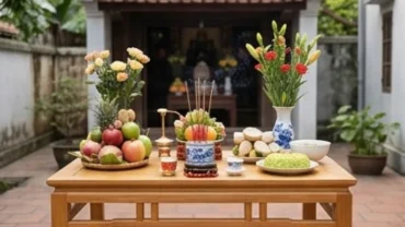 Mâm cúng và văn khấn tạ ơn trời đất rằm tháng 10 được chuẩn bị trang nghiêm ngoài sân với ngũ quả tươi