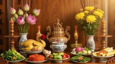 Mâm lễ vật trang nghiêm và bài văn khấn tạ thần linh Thổ Địa được chuẩn bị chu đáo dịp cuối năm