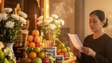 Mâm lễ chay tịnh và người hành hương đang thành tâm đọc văn khấn tại An Sơn Miếu