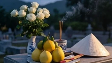 Mâm lễ cúng tươm tất dâng lên ban Cô Sáu với hoa hồng trắng, quả lê ki ma và nón lá truyền thống