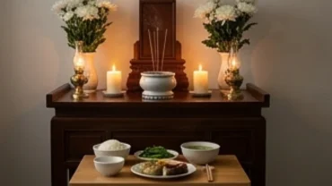 Gia chủ chắp tay đọc văn khấn tại bàn thờ người mới mất trong nghi lễ cúng cơm trang nghiêm