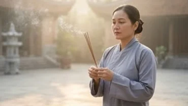 Người hành hương mặc áo tràng chắp tay thành kính đọc văn khấn tại chùa rằm tháng Giêng