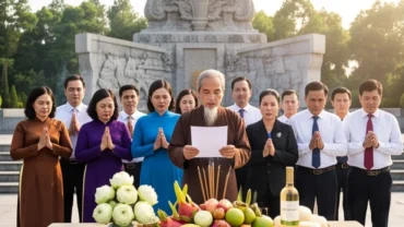 Đoàn người trang nghiêm dâng hương và đọc văn khấn tại đài tưởng niệm liệt sĩ với mâm lễ vật truyền thống