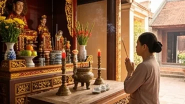 Người dân chắp tay dâng hương và đọc văn khấn tại đền phủ linh thiêng ở Việt Nam