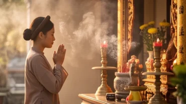 Người đi lễ mặc trang phục truyền thống thành kính đọc văn khấn tại miếu linh thiêng