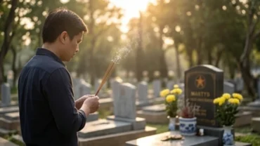 Người dân thành kính chắp tay dâng văn khấn tại mộ liệt sĩ giữa không gian nghĩa trang trang nghiêm