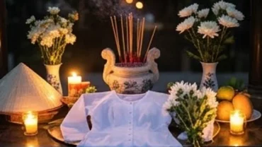 Mâm lễ vật và người dân thành tâm đọc văn khấn tại nghĩa trang Hàng Dương Côn Đảo về đêm