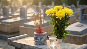 Mâm lễ vật và hương nhang dâng lên đài tưởng niệm trong nghi thức đọc văn khấn tại nghĩa trang liệt sĩ
