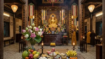 Mâm lễ chay thanh tịnh và người chắp tay đọc văn khấn tam bảo trước chính điện uy nghiêm của một ngôi chùa truyền thống